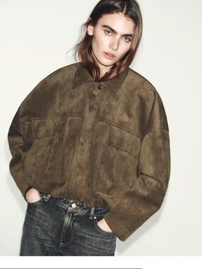 Zara Faux Suede Bomber Jacket with Hoodie